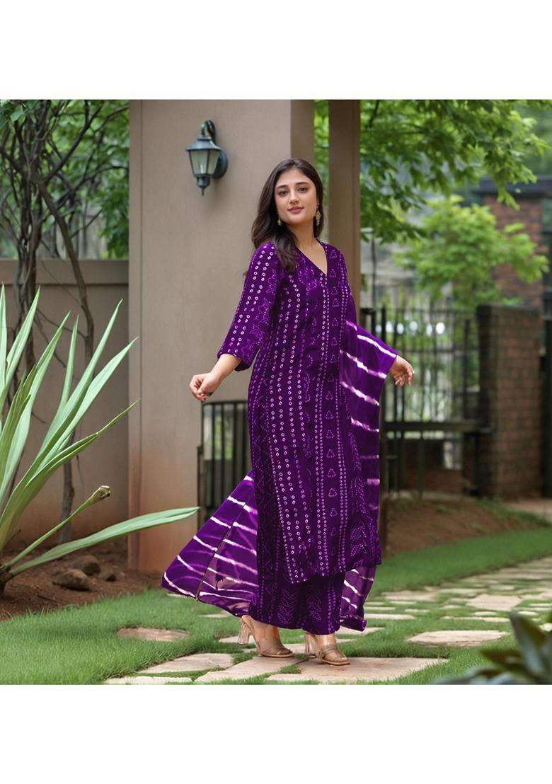 Purple Printed Rayon Kurta Set - Indya