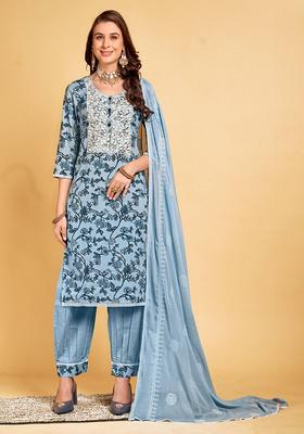 Blue Embroidery Cotton Kurta Set
