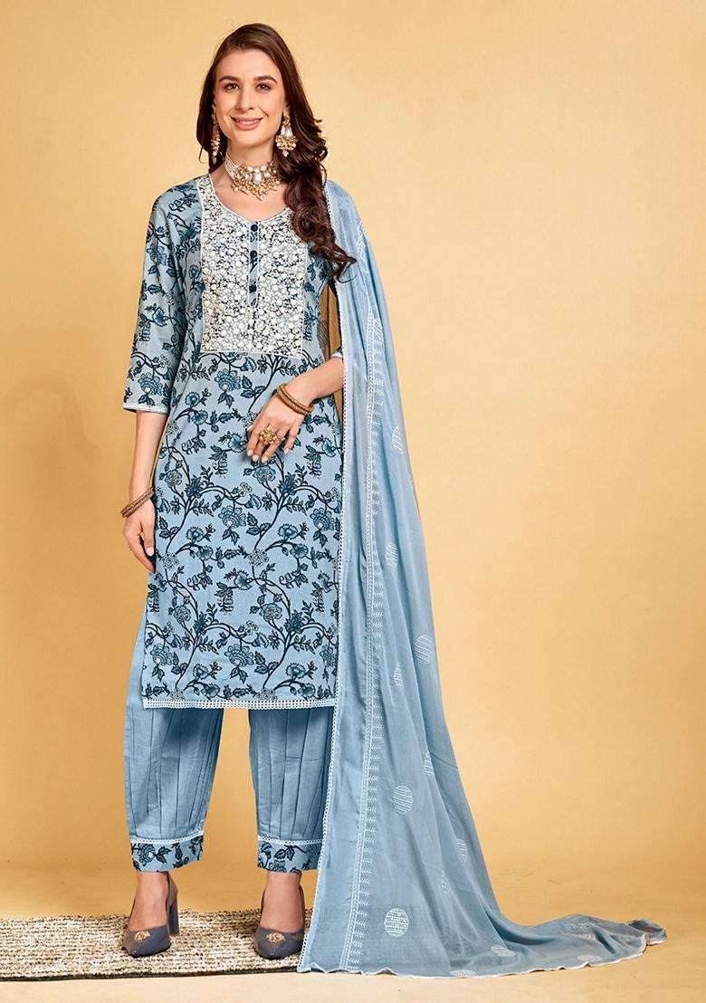 Blue Embroidery Cotton Kurta Set - Indya