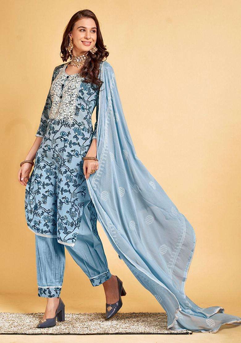 Blue Embroidery Cotton Kurta Set - Indya