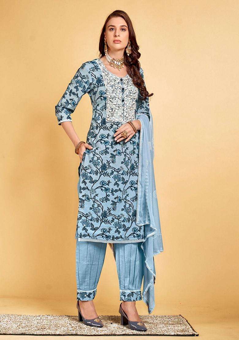 Blue Embroidery Cotton Kurta Set - Indya