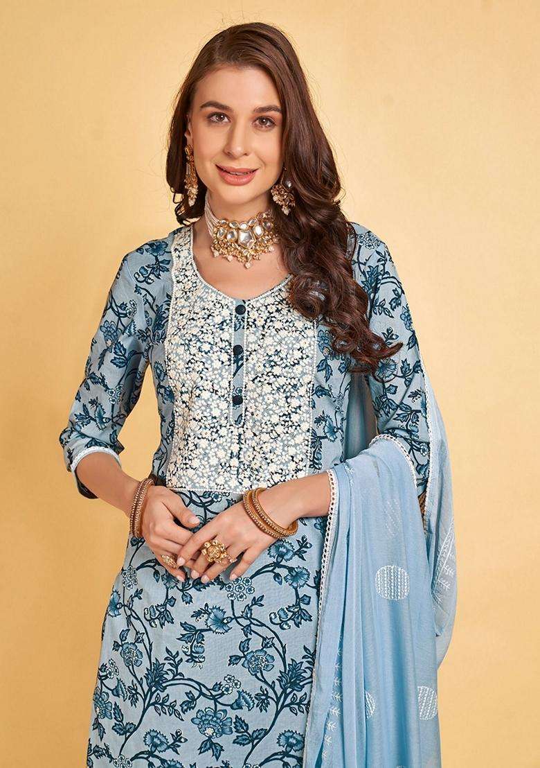 Blue Embroidery Cotton Kurta Set - Indya