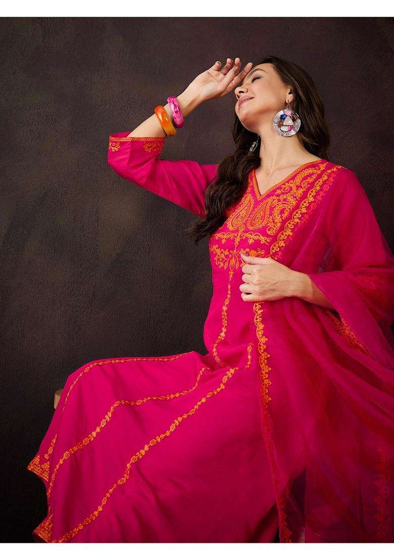 Pink Embroidery Silk Blend Kurta Set - Indya
