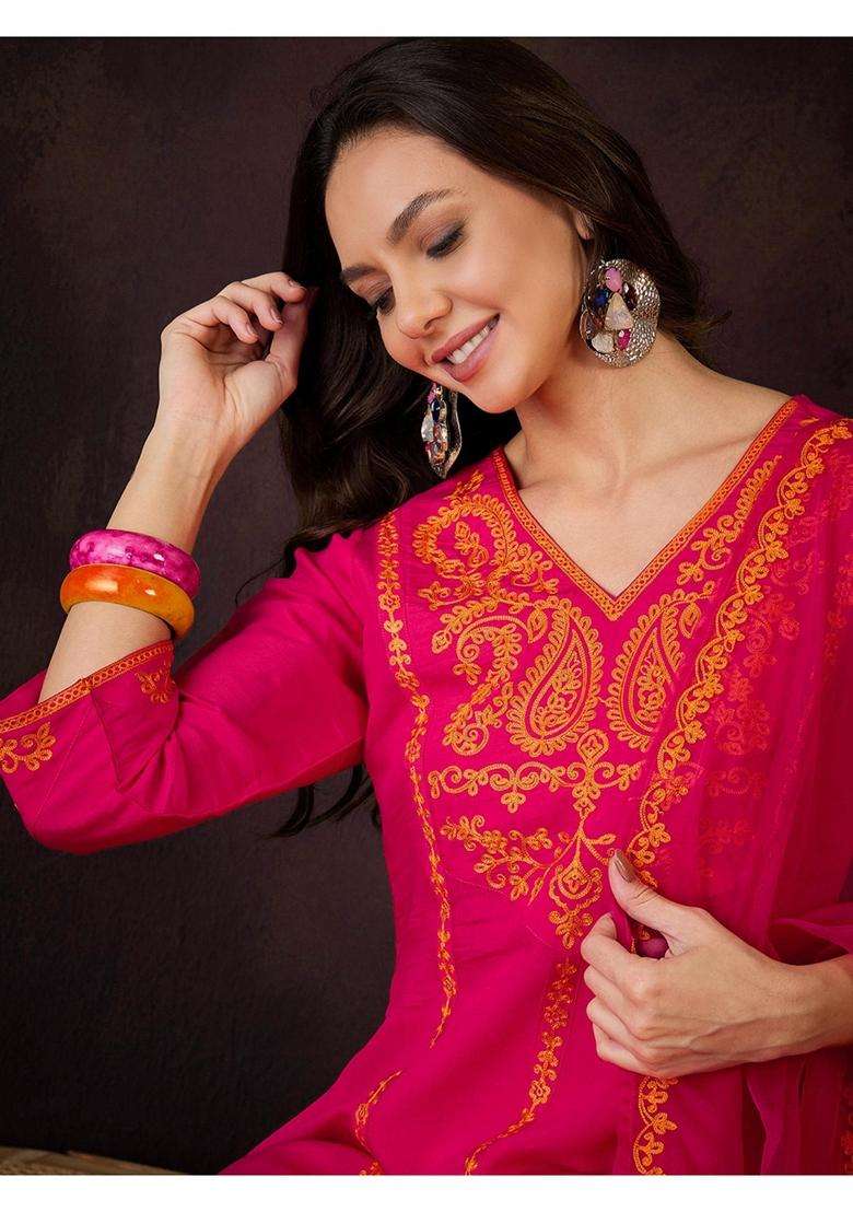 Pink Embroidery Silk Blend Kurta Set - Indya