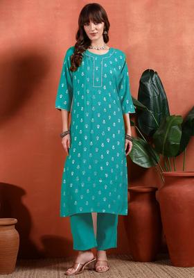 Teal Printed Silk Kurta Set