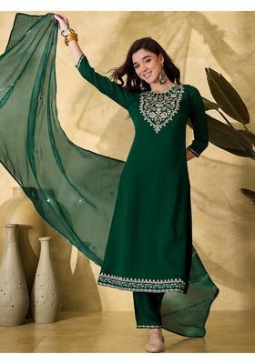Green Embroidery Silk Kurta Set