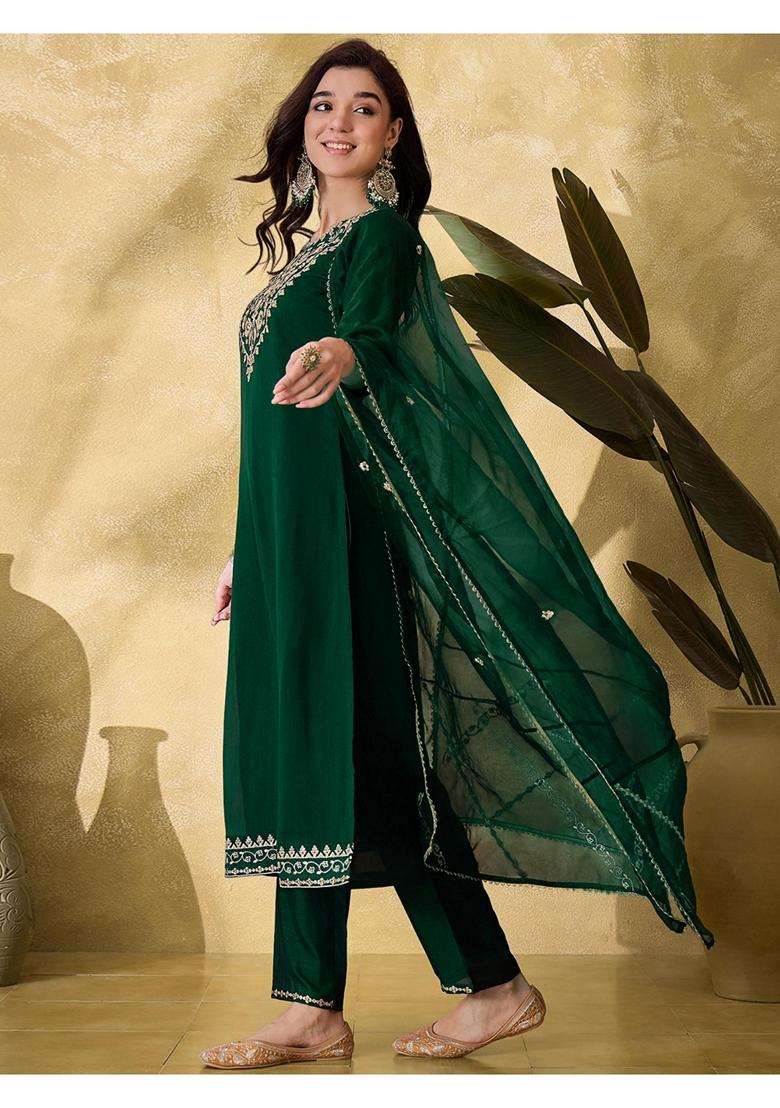 Green Embroidery Silk Blend Kurta Set - Indya