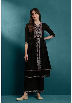Black Embroidery Silk Kurta Set