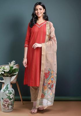 Red Stripes Cotton Kurta Set