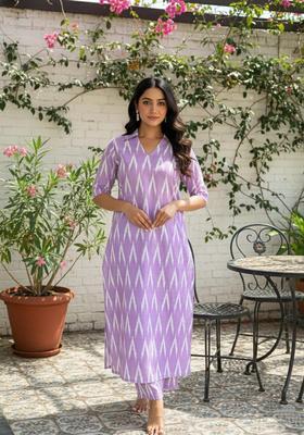 Lavender Printed Rayon Kurta Set
