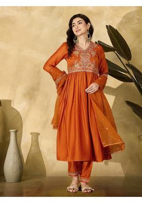 Orange Embroidery Silk Anarkali Set