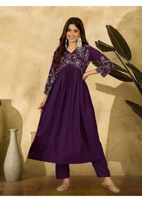 Purple Embroidery Crepe Anarkali Set
