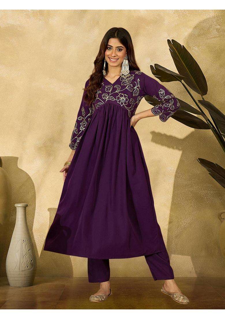 Purple Embroidery Crepe Anarkali Set - Indya
