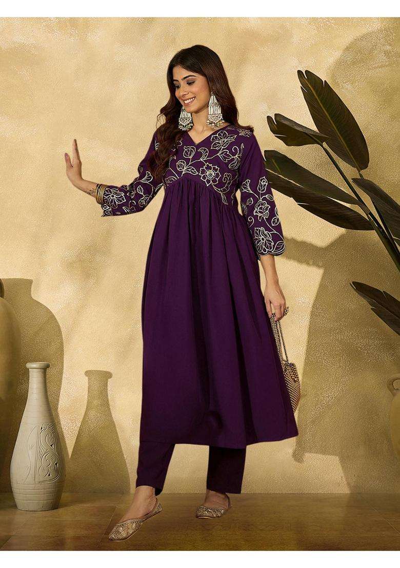 Purple Embroidery Crepe Anarkali Set - Indya