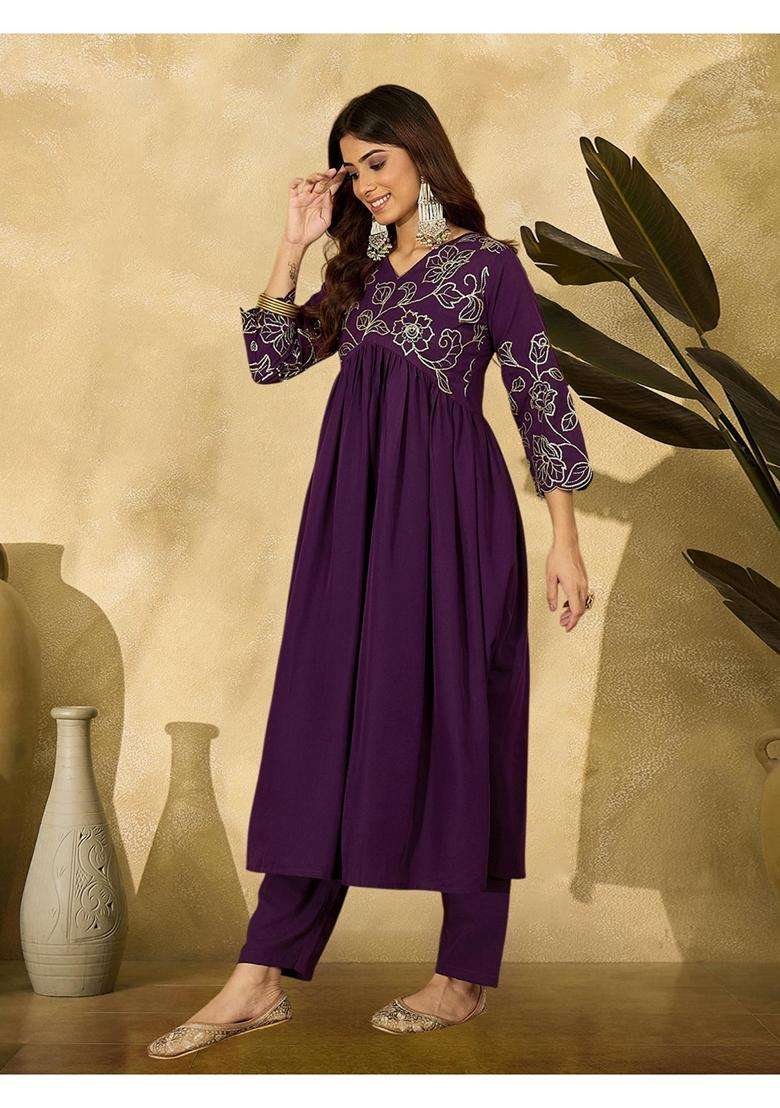 Purple Embroidery Crepe Anarkali Set - Indya
