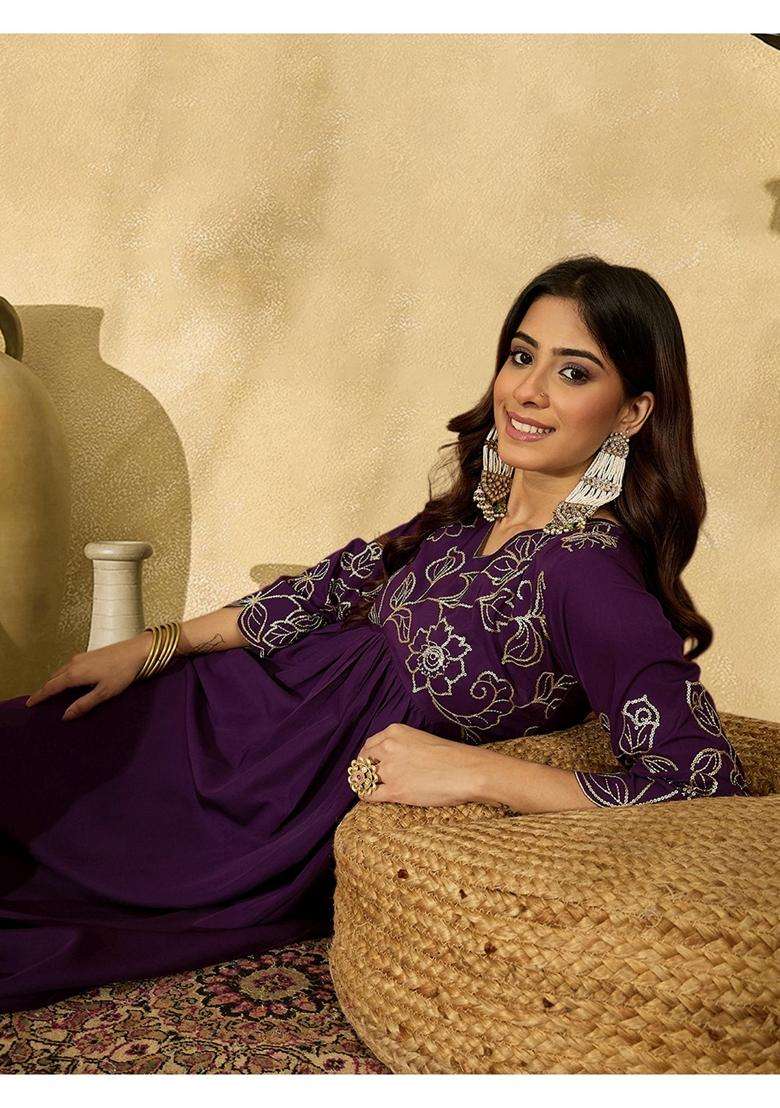 Purple Embroidery Crepe Anarkali Set - Indya