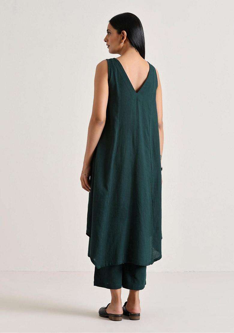 Green Solid Rayon Kurta Set - Indya