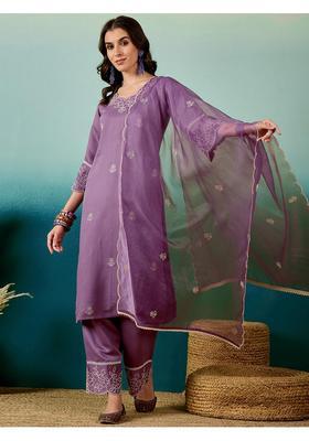 Lavender Embroidery Cotton Kurta Set