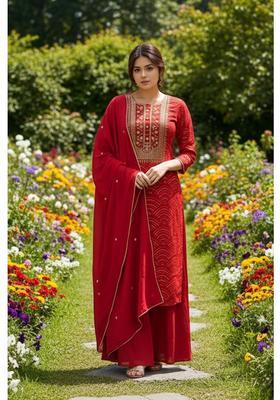 Red Embroidery Rayon Palazzo Set