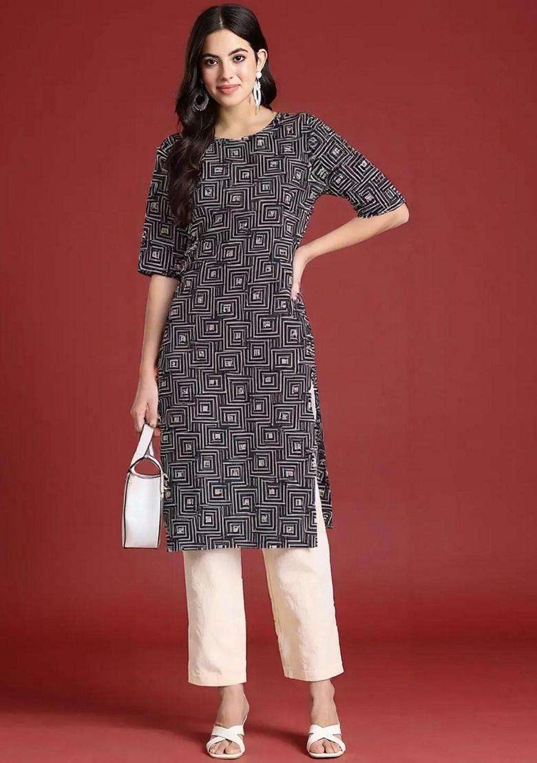 Black Printed Crepe Kurta Set - Indya