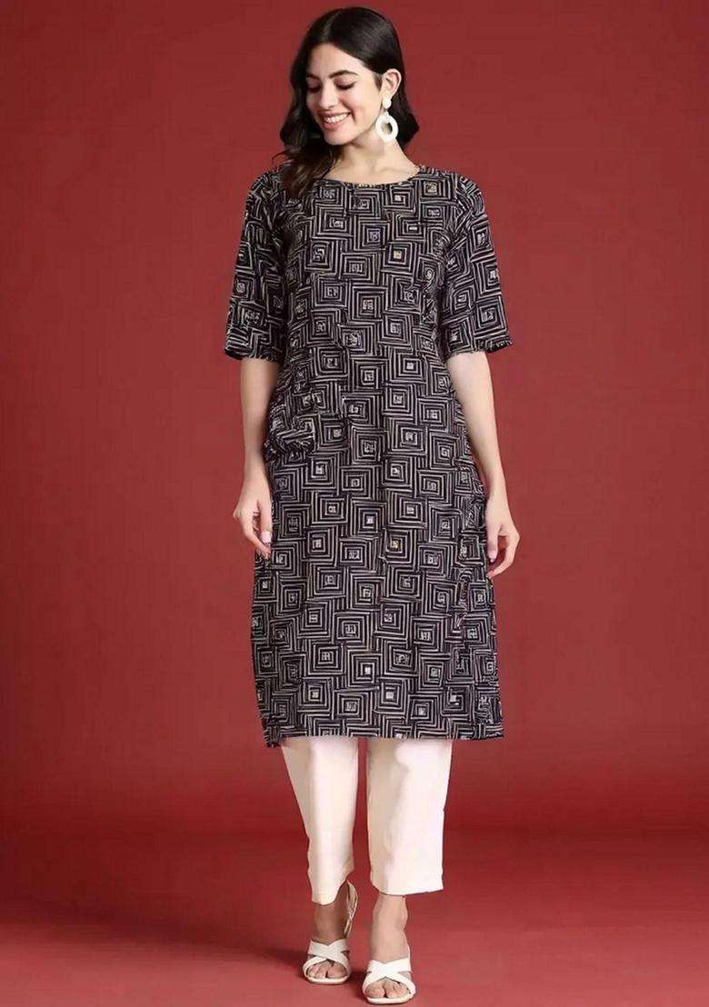 Black Printed Crepe Kurta Set - Indya