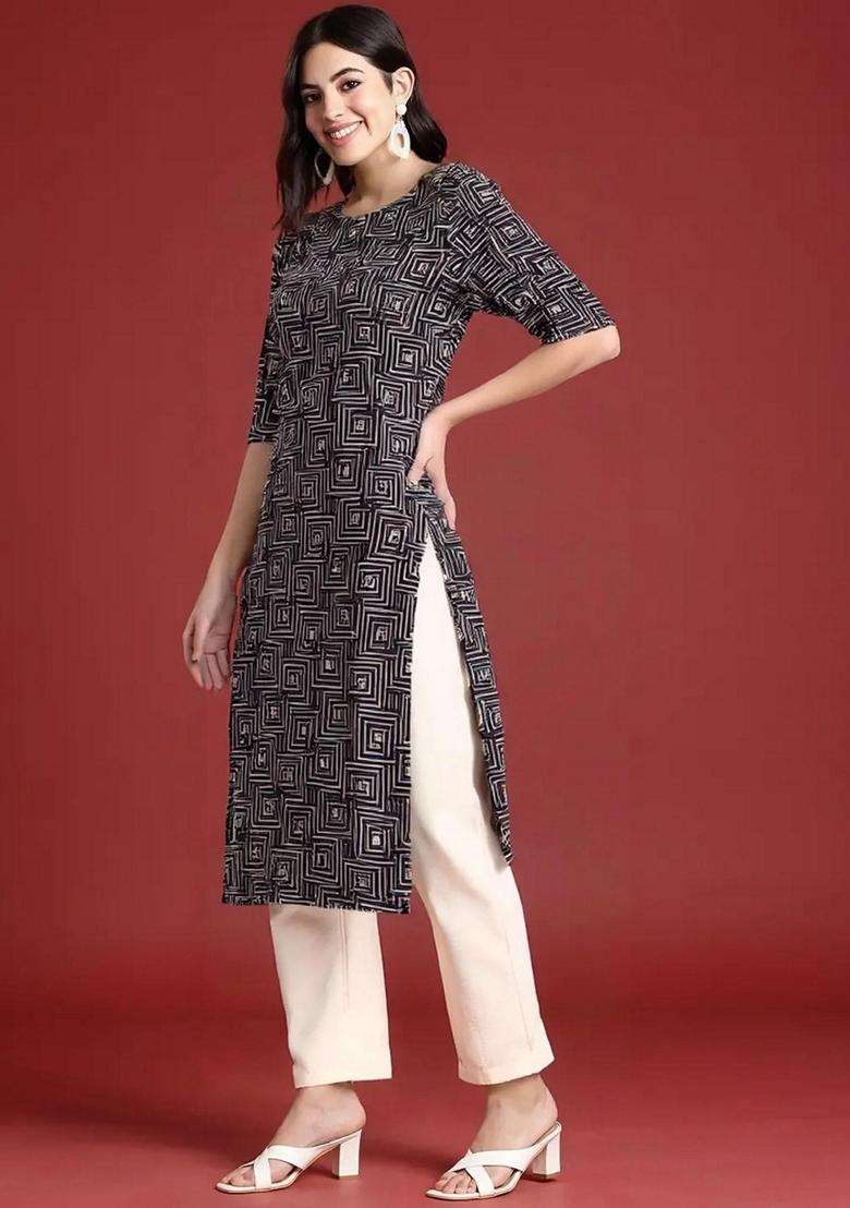 Black Printed Crepe Kurta Set - Indya