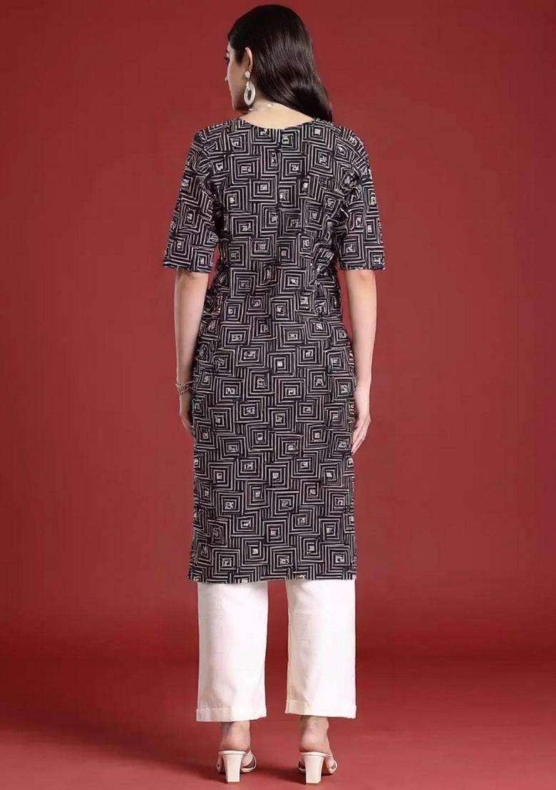 Black Printed Crepe Kurta Set - Indya