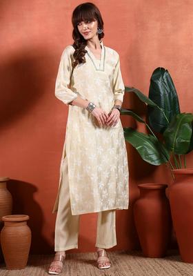 Beige Printed Cotton Kurta Set