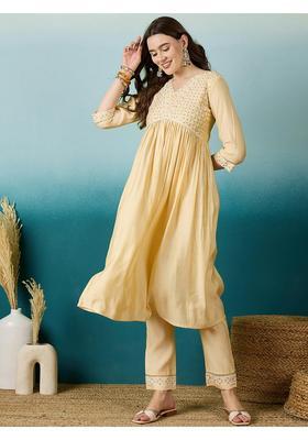 Yellow Embroidery Silk Kurta Set