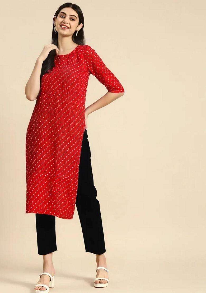 Red Printed Crepe Kurta Set - Indya