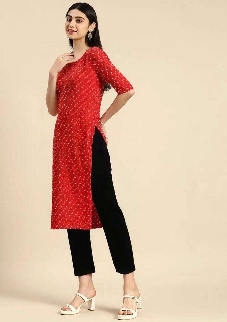 Red Printed Crepe Kurta Set - Indya