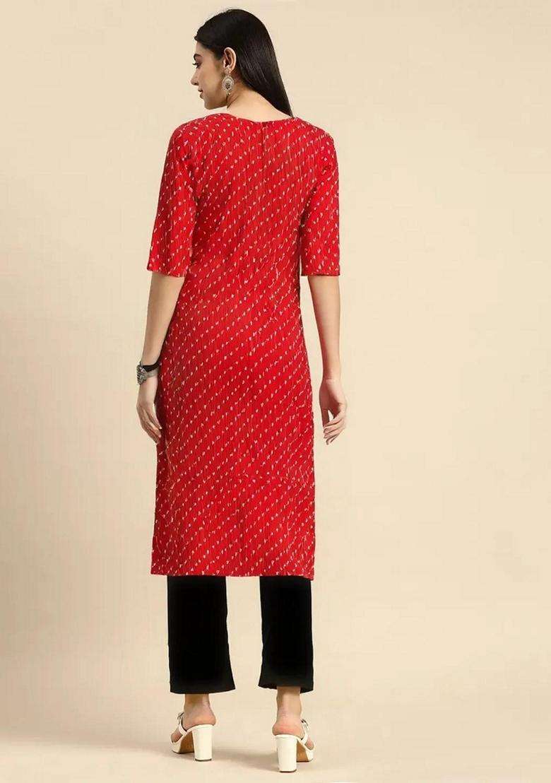 Red Printed Crepe Kurta Set - Indya