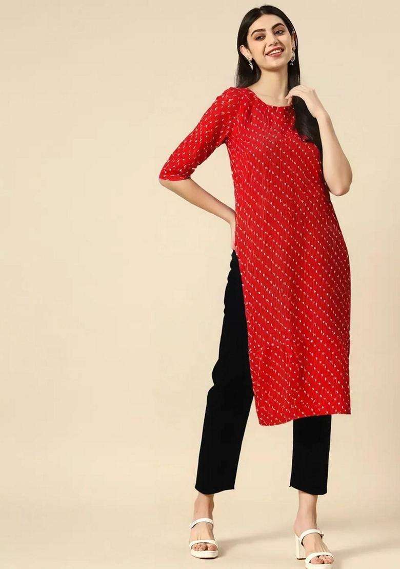 Red Printed Crepe Kurta Set - Indya