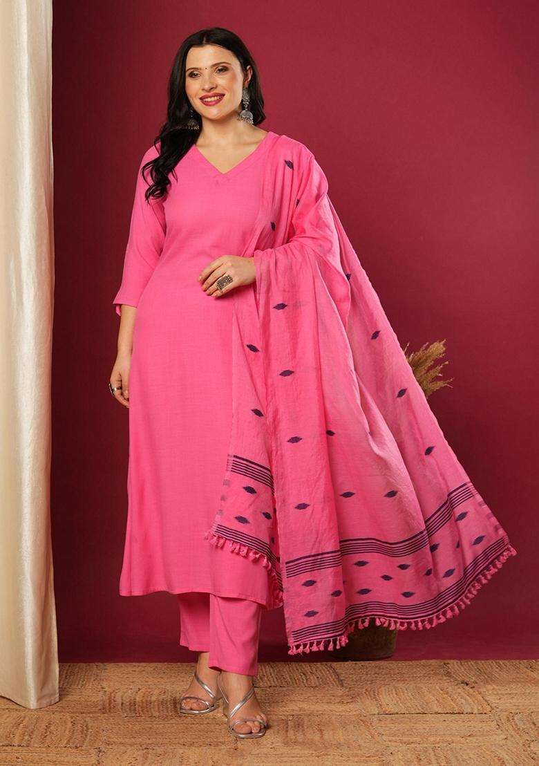 Pink Solid Rayon Kurta Set - Indya