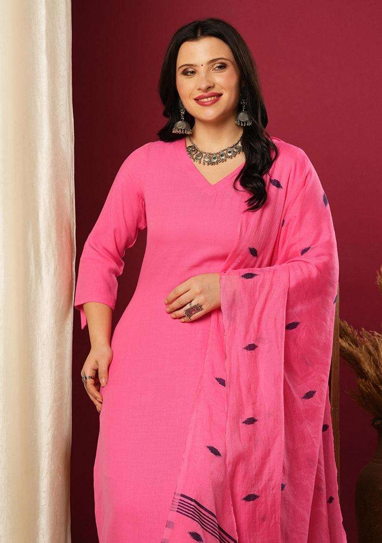 Pink Solid Rayon Kurta Set - Indya