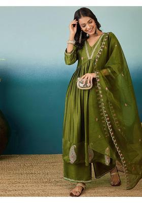 Olive Green Embroidery Silk Palazzo Set