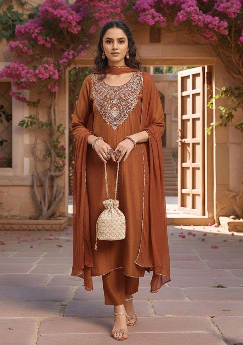 Brown Embroidery Rayon Kurta Set - Indya