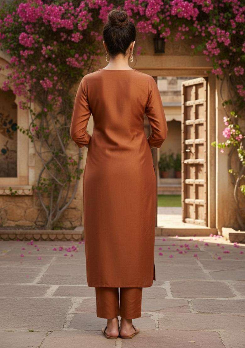 Brown Embroidery Rayon Kurta Set - Indya