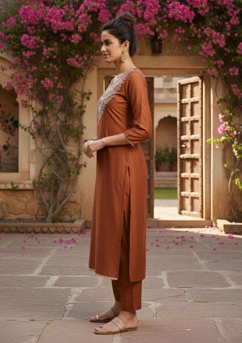 Brown Embroidery Rayon Kurta Set - Indya