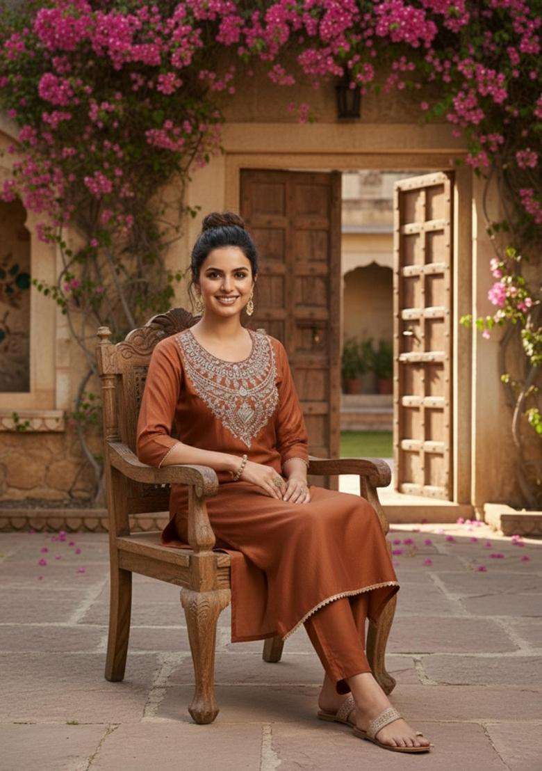 Brown Embroidery Rayon Kurta Set - Indya