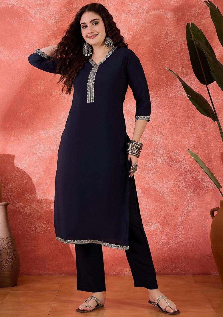 Blue Embroidery Silk Blend Kurta Set - Indya