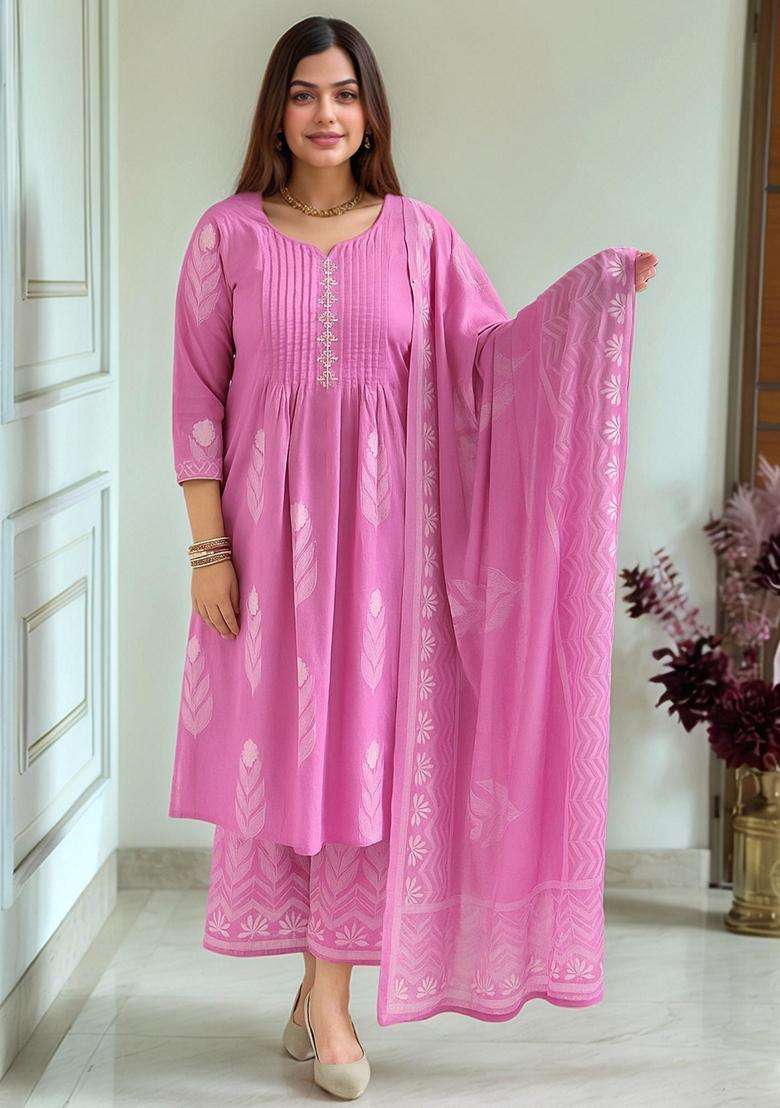 Pink Printed Rayon Anarkali Set - Indya