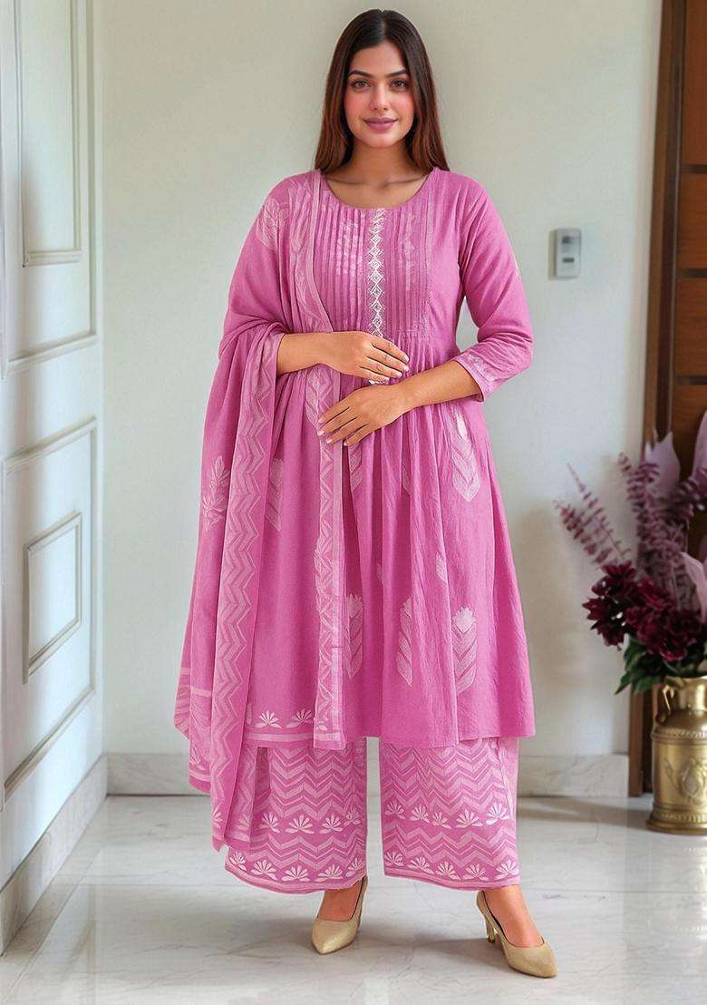 Pink Printed Rayon Anarkali Set - Indya