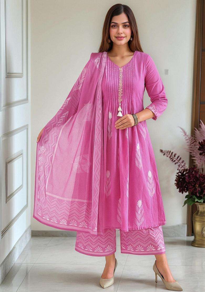 Pink Printed Rayon Anarkali Set - Indya