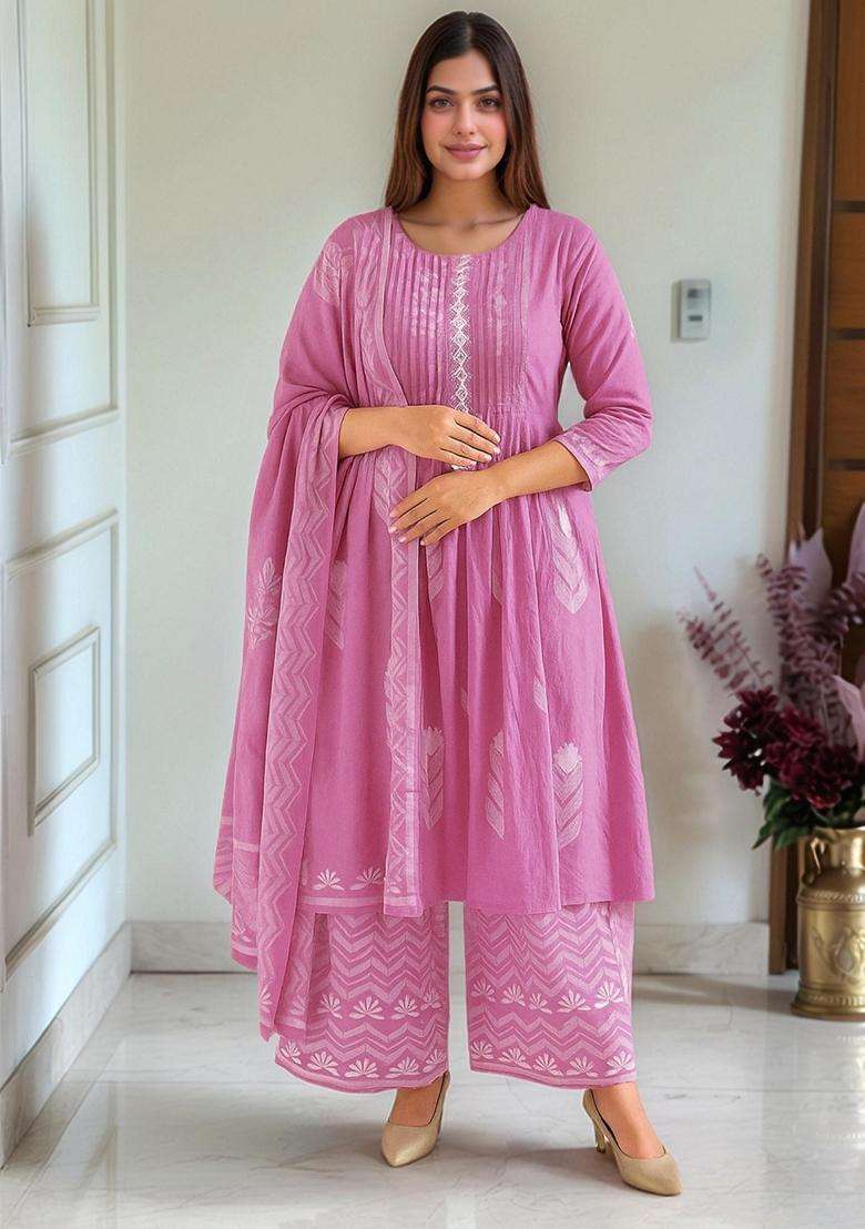 Pink Printed Rayon Anarkali Set - Indya