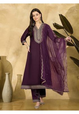 Purple Embroidery Silk Kurta Set