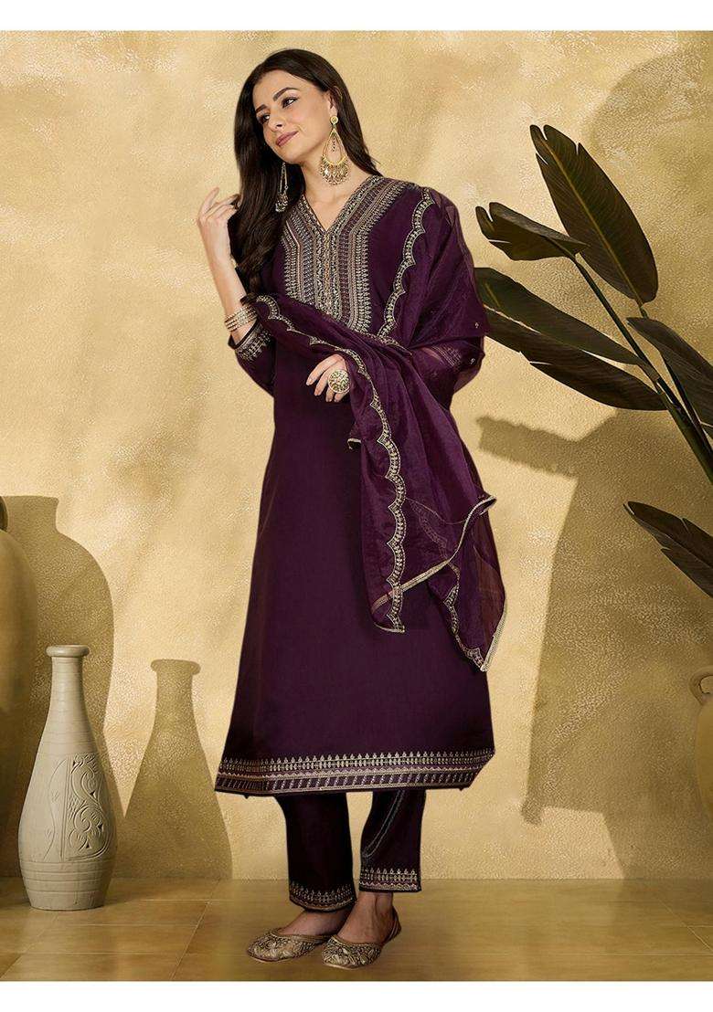 Purple Embroidery Silk Blend Kurta Set - Indya