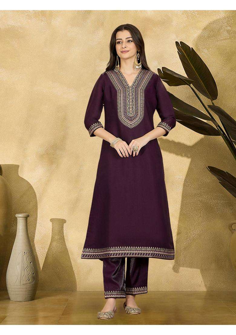 Purple Embroidery Silk Blend Kurta Set - Indya