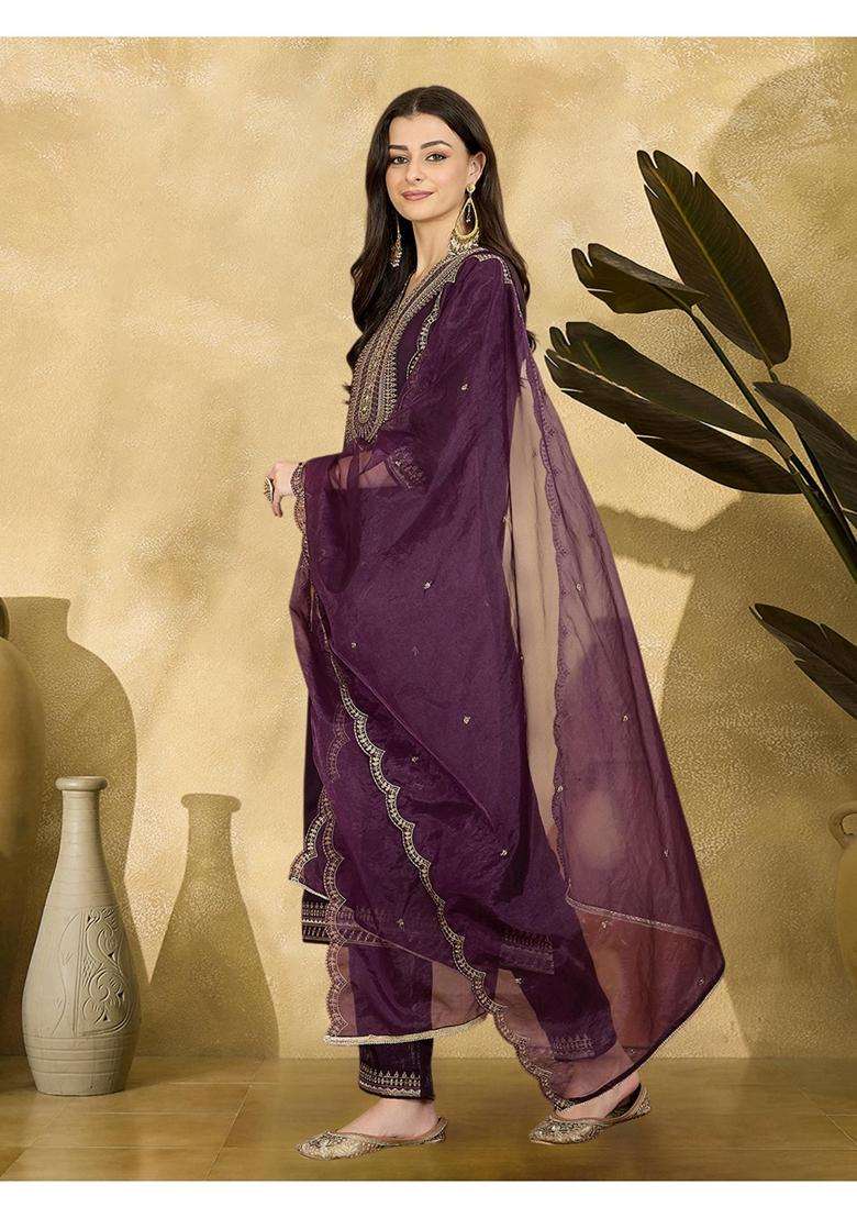 Purple Embroidery Silk Blend Kurta Set - Indya