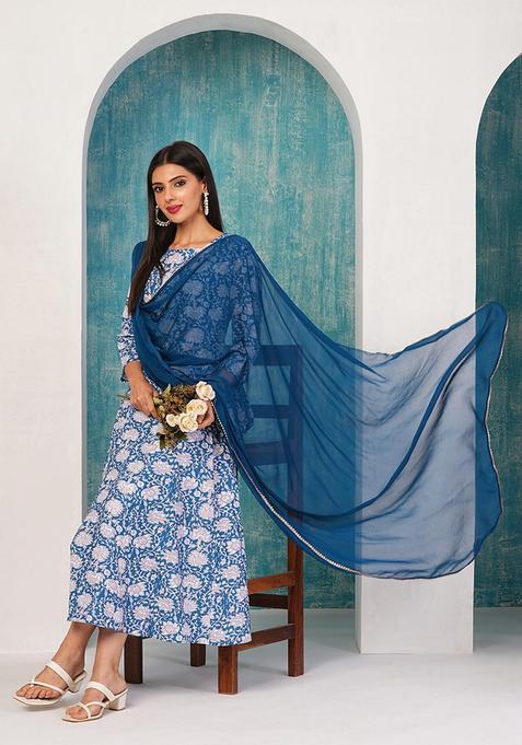 Blue Floral Rayon Anarkali Set — view on Indya